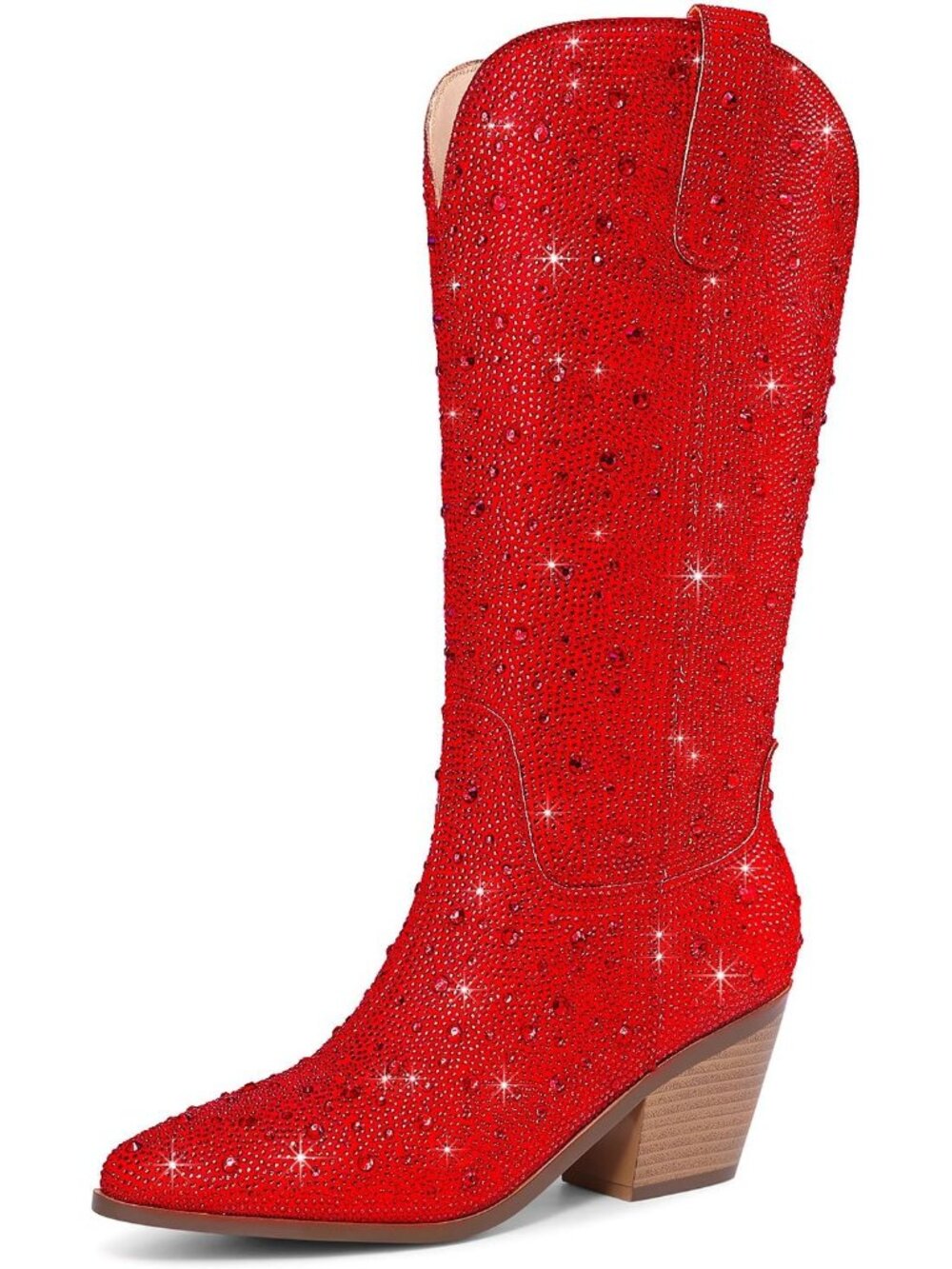 Women Mid Calf Red PU leather Chunky Fashion Comfortable Side Zipper Heel